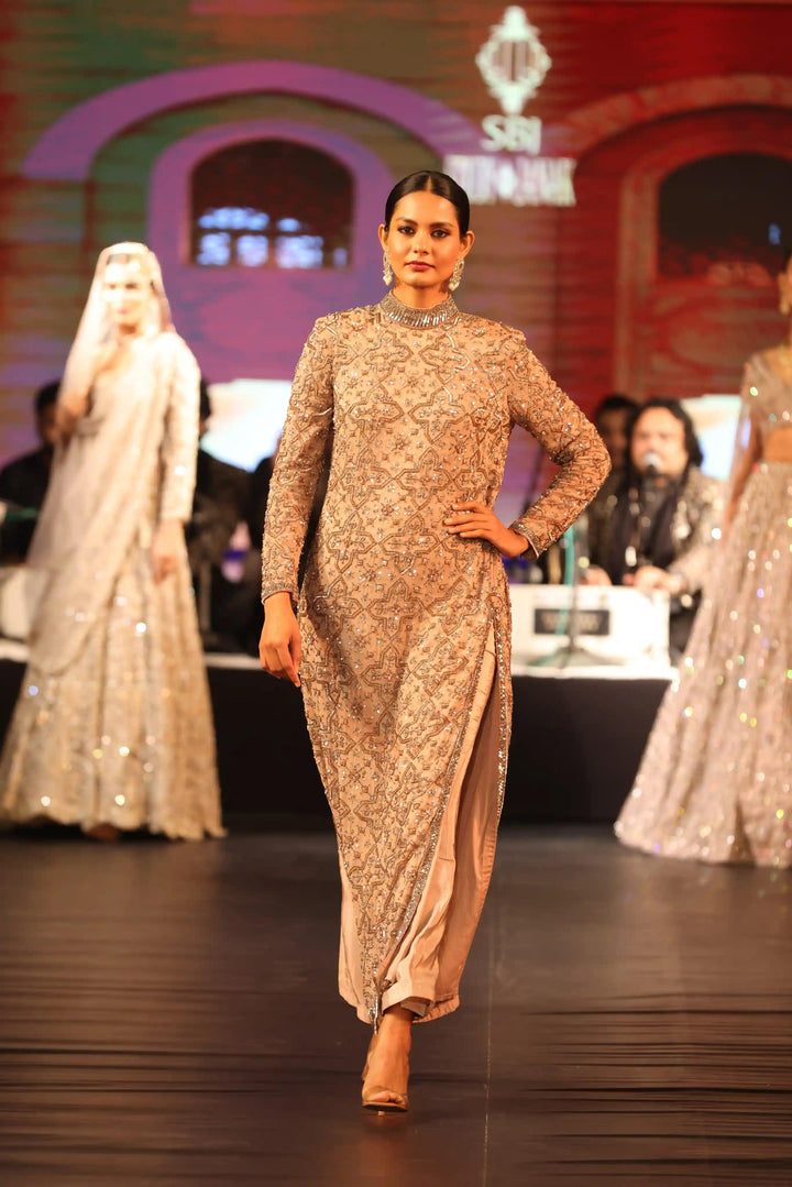 High Neck Naira Cut Suit With Paint Work Cut Dana Sequence