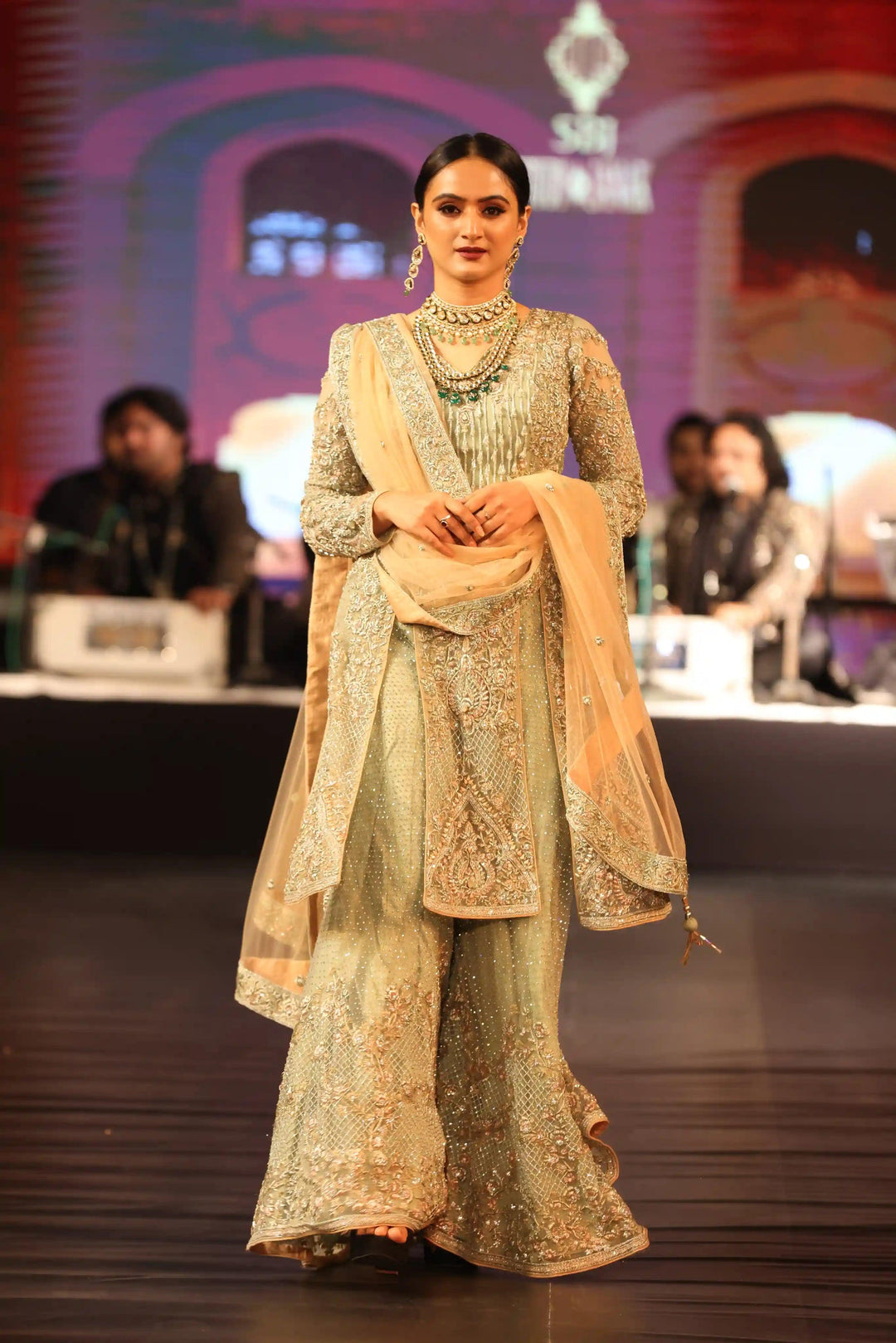 Mint Zardozi Elegance: Heavily Embellished Sharara Suit with Zarkan & Cut Dana Work
