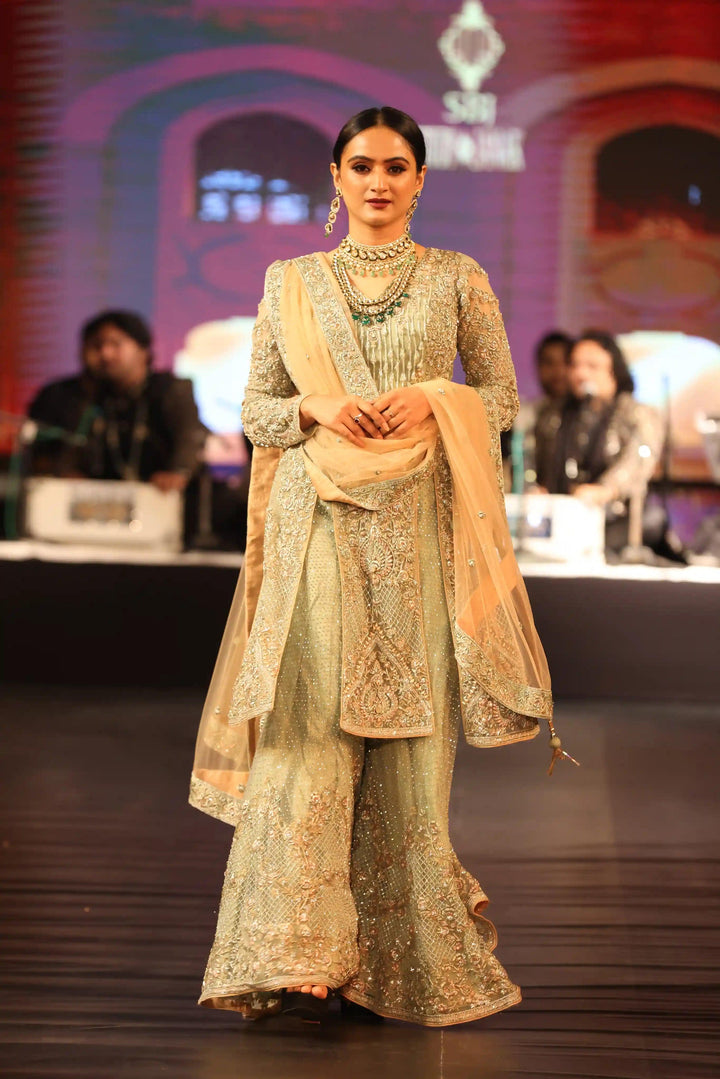 Mint Zardozi Elegance: Heavily Embellished Sharara Suit with Zarkan & Cut Dana Work