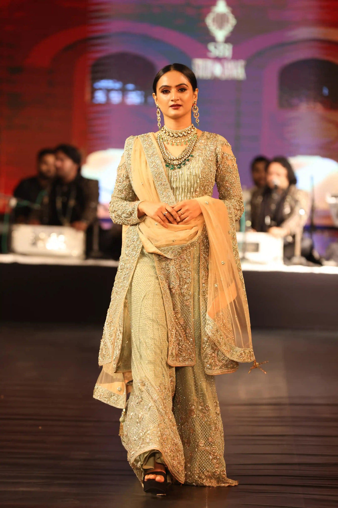 Mint Zardozi Elegance: Heavily Embellished Sharara Suit with Zarkan & Cut Dana Work