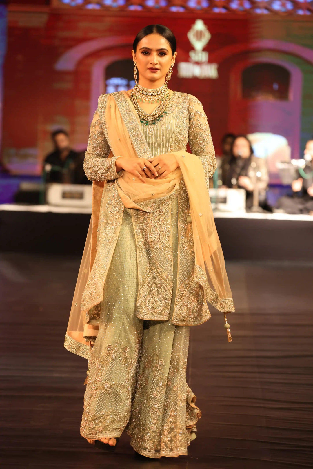 Mint Zardozi Elegance: Heavily Embellished Sharara Suit with Zarkan & Cut Dana Work