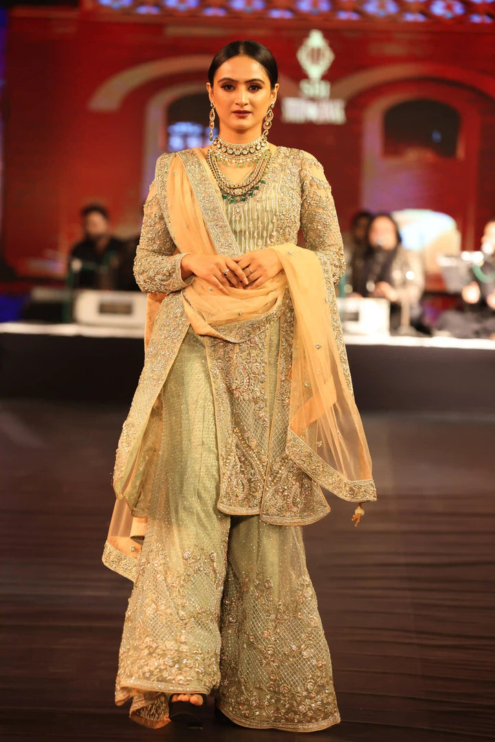 Mint Zardozi Elegance: Heavily Embellished Sharara Suit with Zarkan & Cut Dana Work
