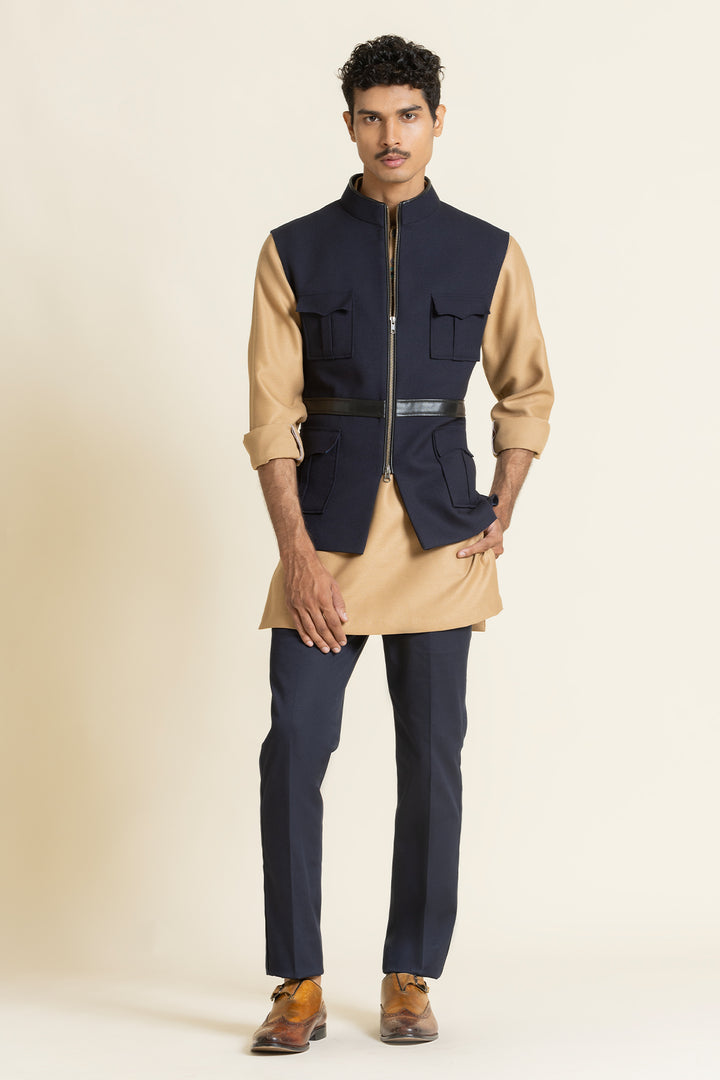 Navy Utility Waistcoat With Designer Kurta Set