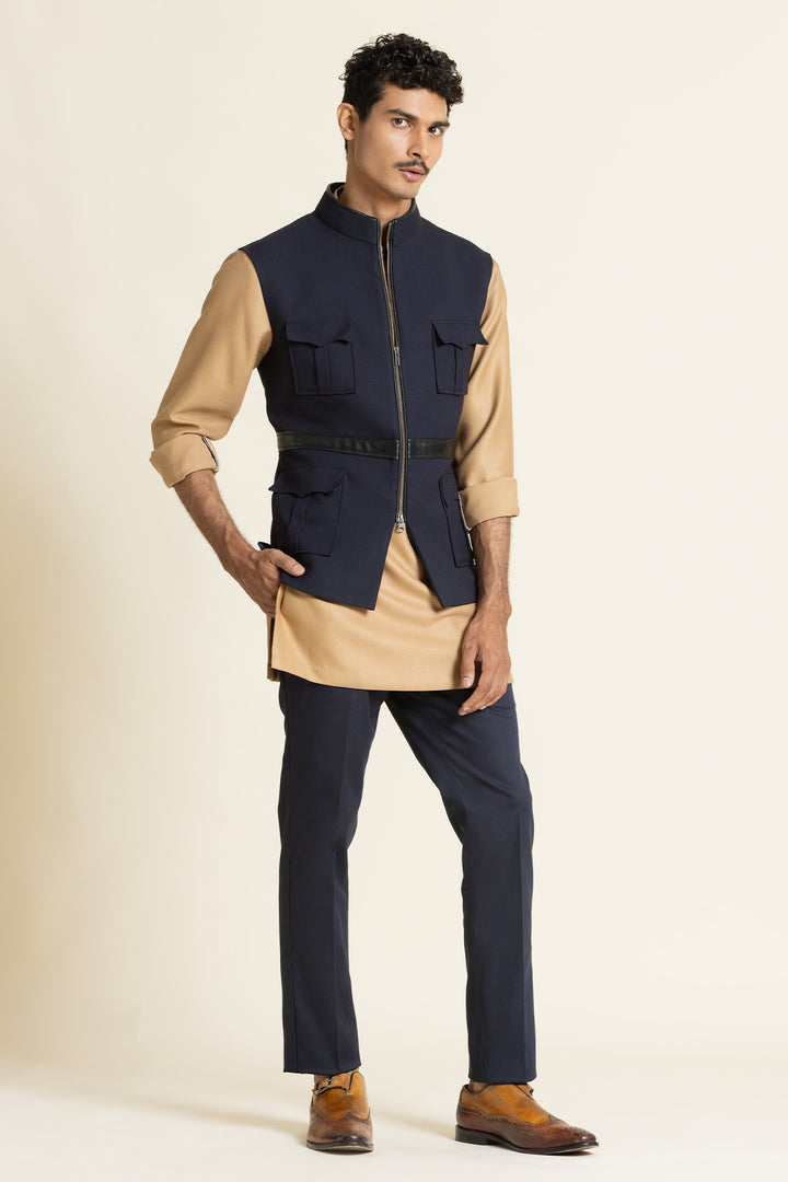 Navy Utility Waistcoat With Designer Kurta Set
