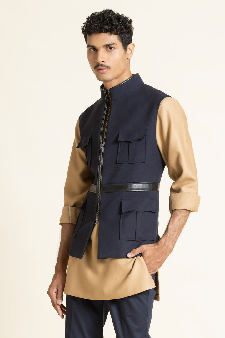 Navy Utility Waistcoat With Designer Kurta Set