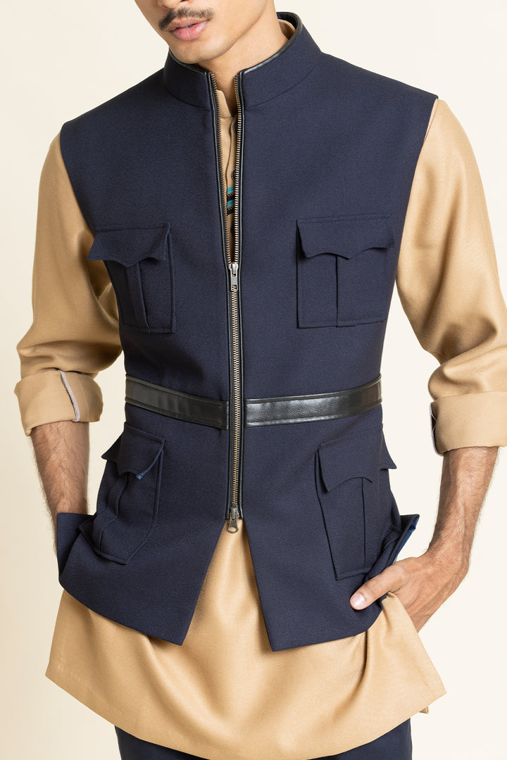 Navy Utility Waistcoat With Designer Kurta Set