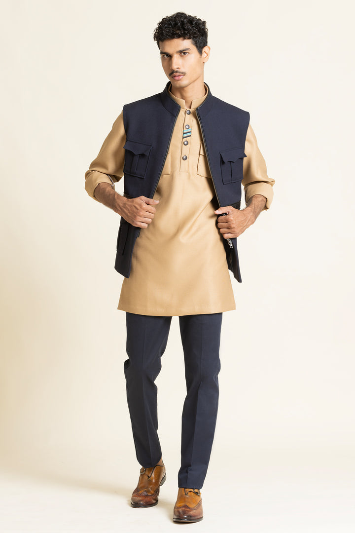 Navy Utility Waistcoat With Designer Kurta Set