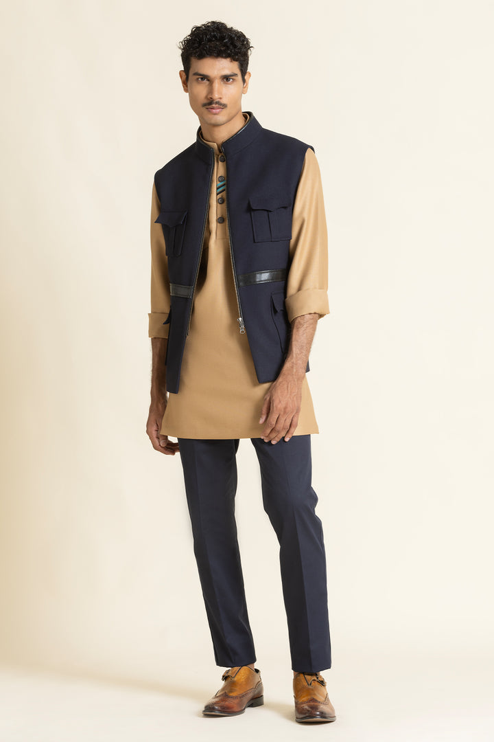 Navy Utility Waistcoat With Designer Kurta Set