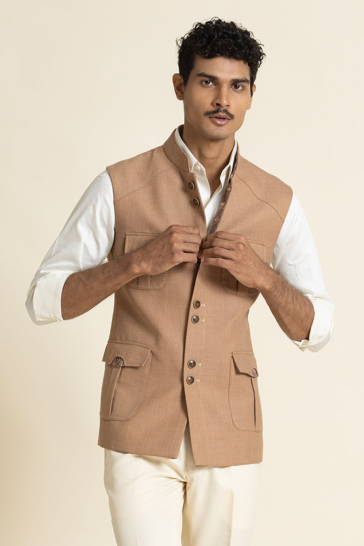 Textured Poly-Linen Safari Waistcoat