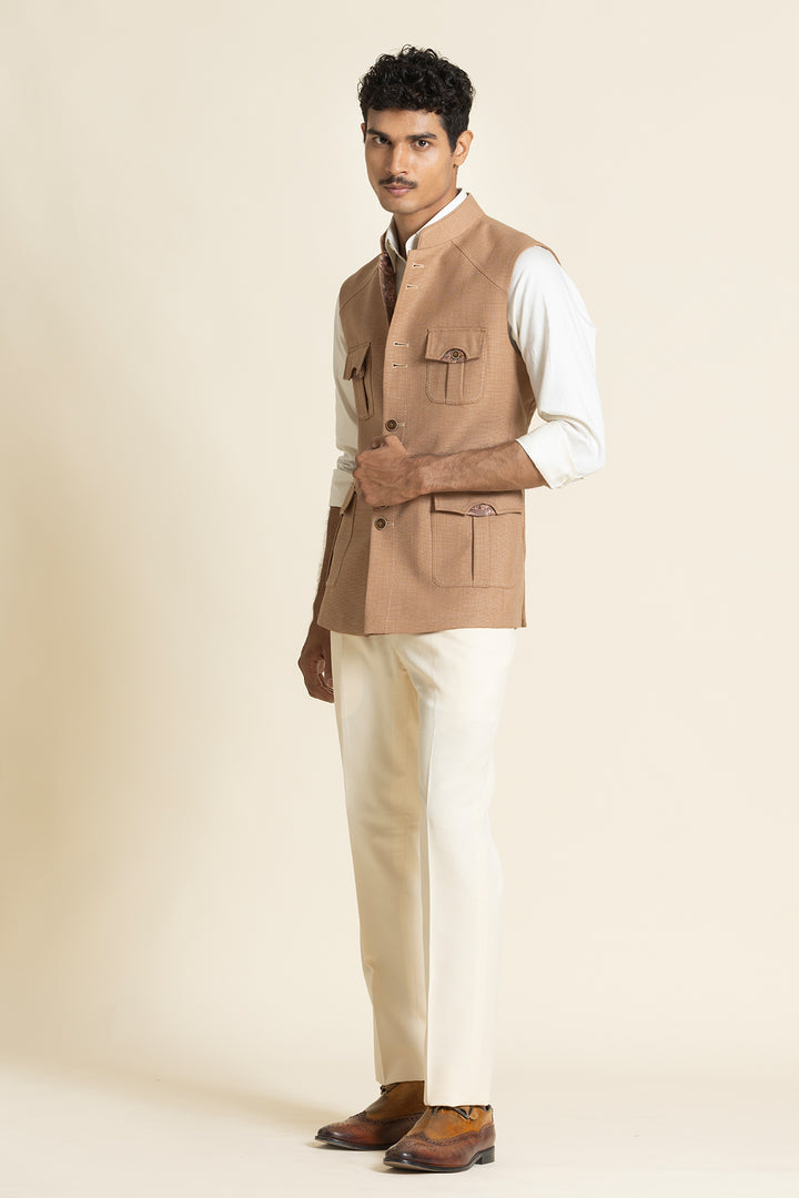 Textured Poly-Linen Safari Waistcoat