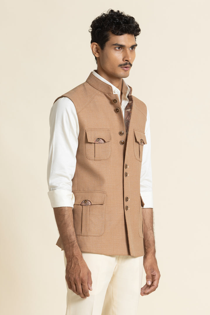 Textured Poly-Linen Safari Waistcoat