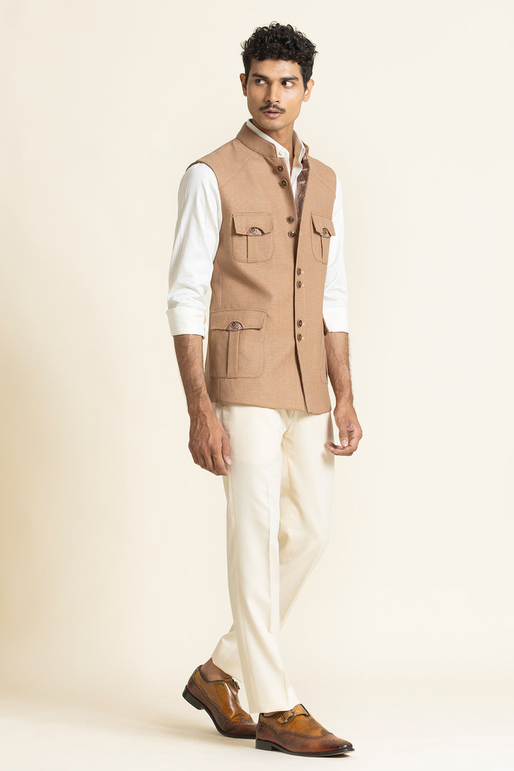 Textured Poly-Linen Safari Waistcoat