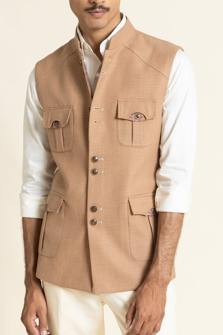 Textured Poly-Linen Safari Waistcoat