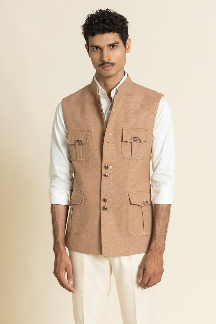Textured Poly-Linen Safari Waistcoat