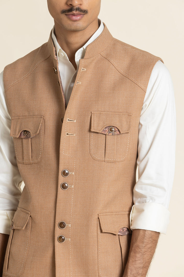 Textured Poly-Linen Safari Waistcoat