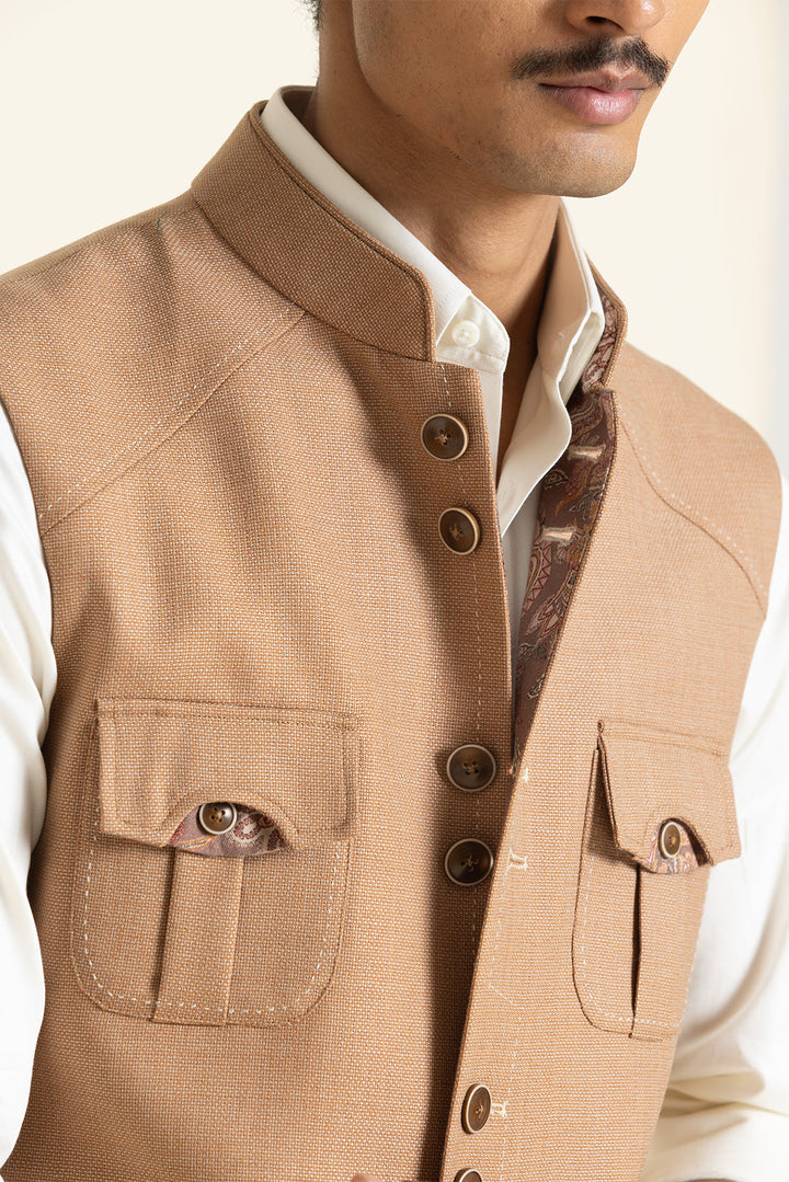 Textured Poly-Linen Safari Waistcoat