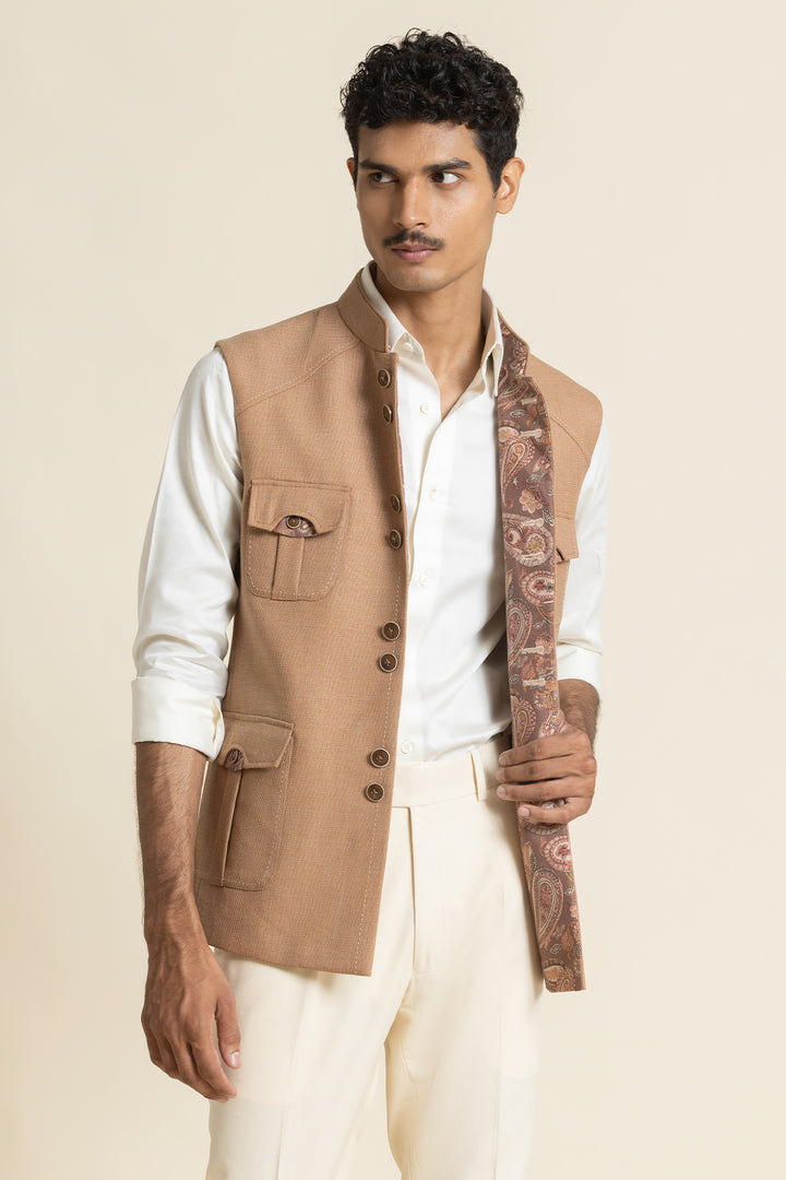 Textured Poly-Linen Safari Waistcoat