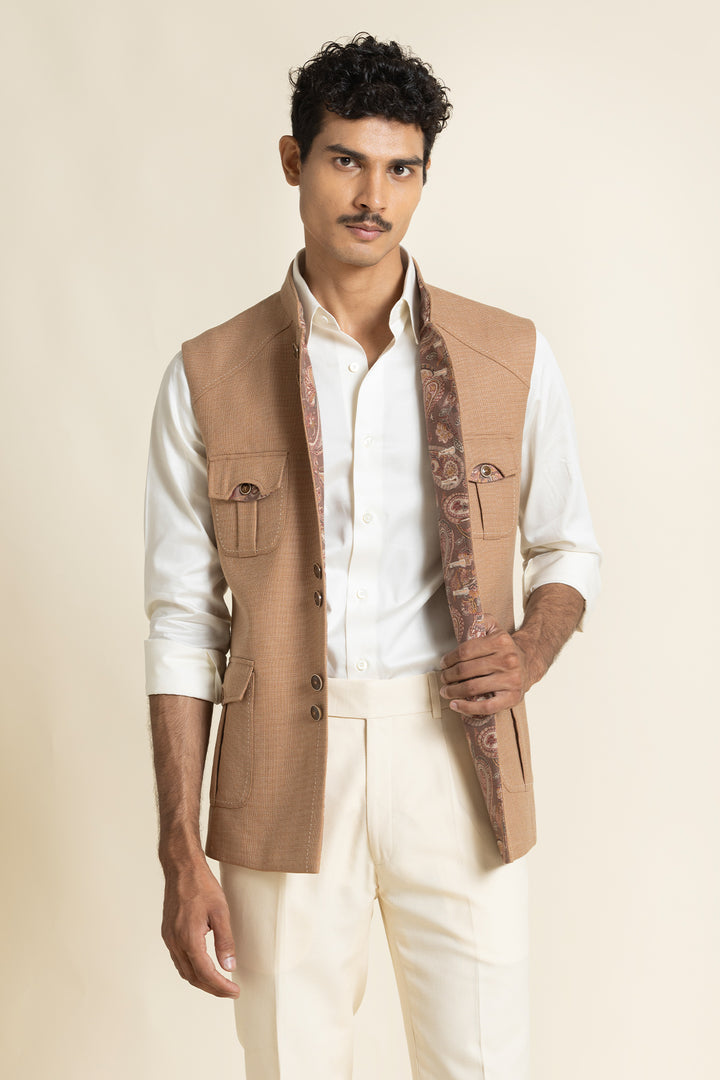 Textured Poly-Linen Safari Waistcoat