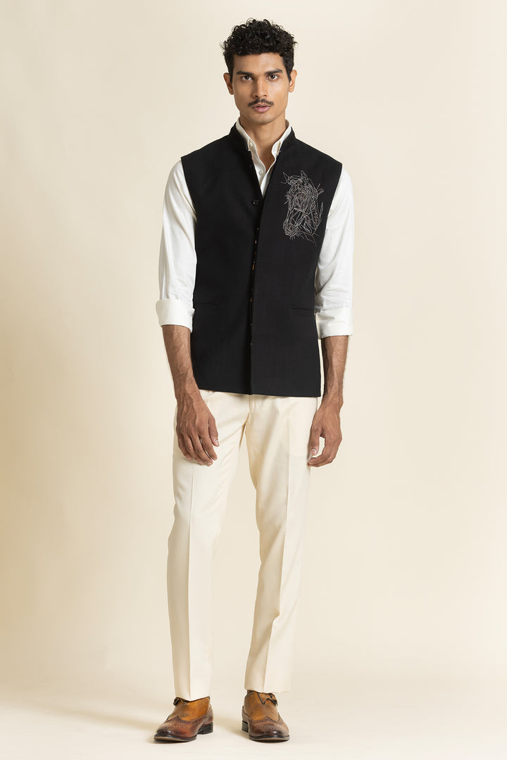 Black Brushed Cotton Waistcoat With Embroidered Detail