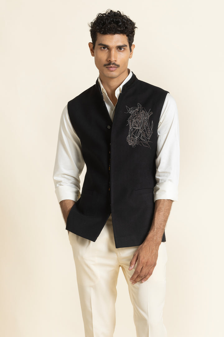 Black Brushed Cotton Waistcoat With Embroidered Detail