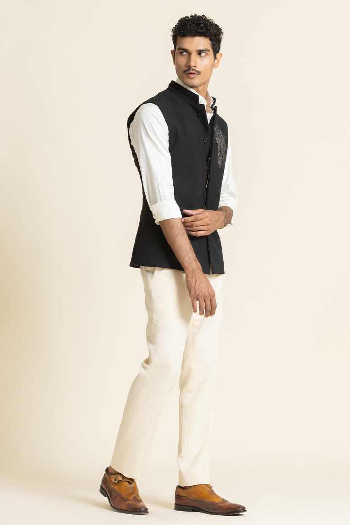 Black Brushed Cotton Waistcoat With Embroidered Detail