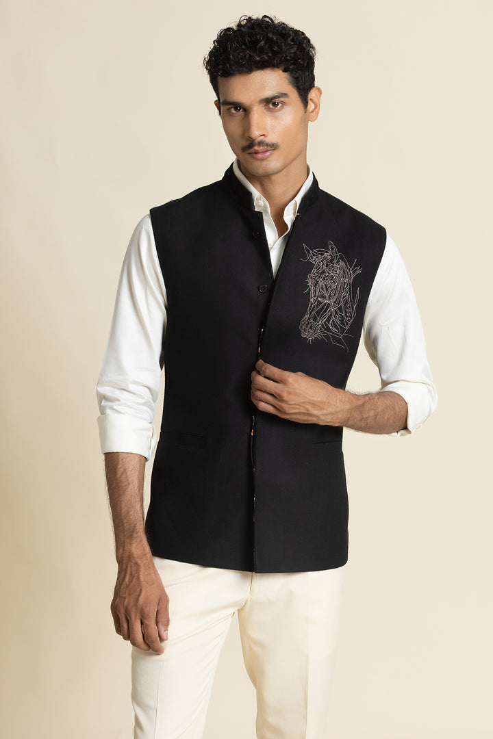 Black Brushed Cotton Waistcoat With Embroidered Detail