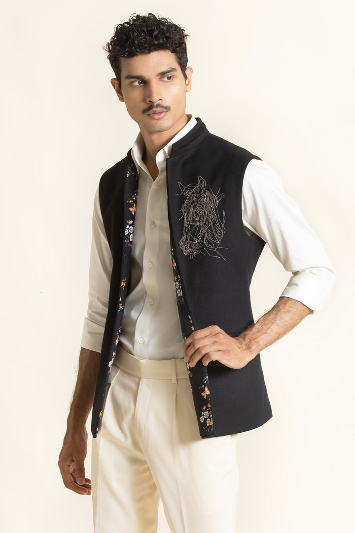 Black Brushed Cotton Waistcoat With Embroidered Detail