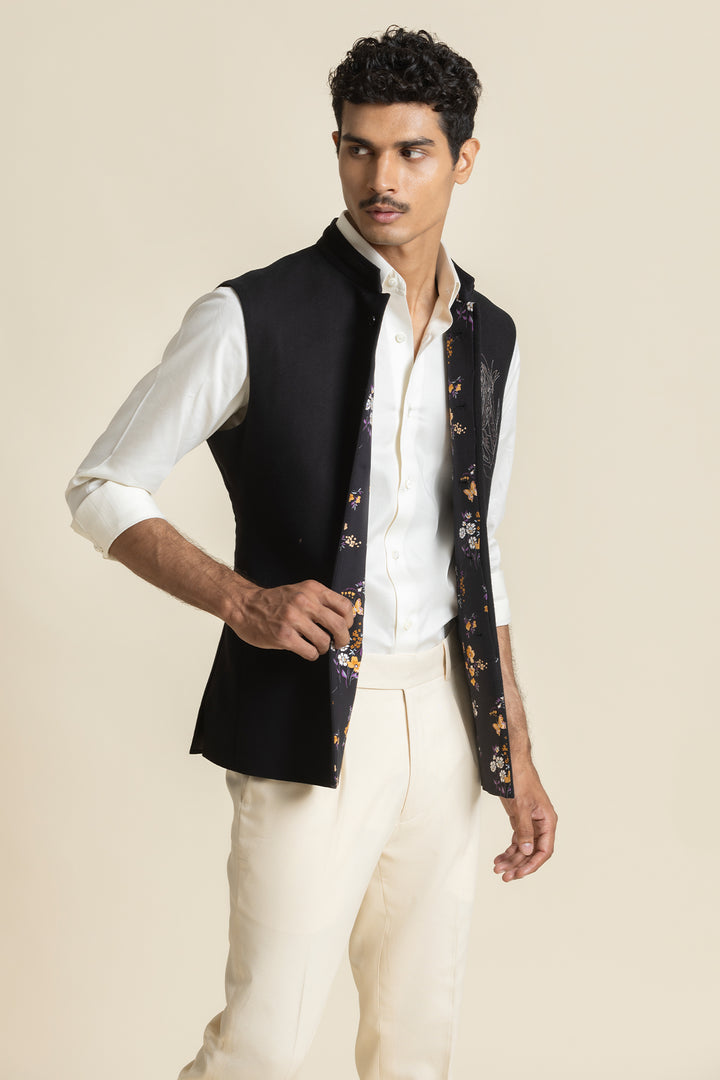 Black Brushed Cotton Waistcoat With Embroidered Detail