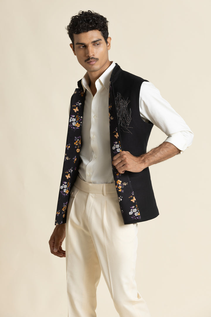 Black Brushed Cotton Waistcoat With Embroidered Detail