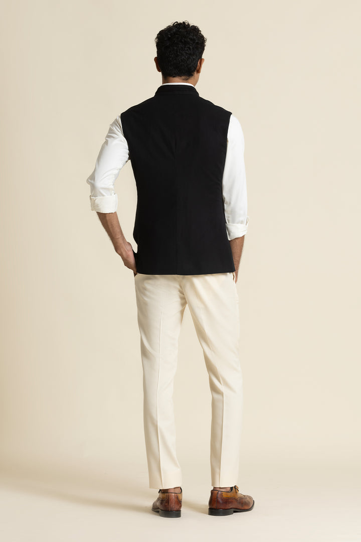 Black Brushed Cotton Waistcoat With Embroidered Detail