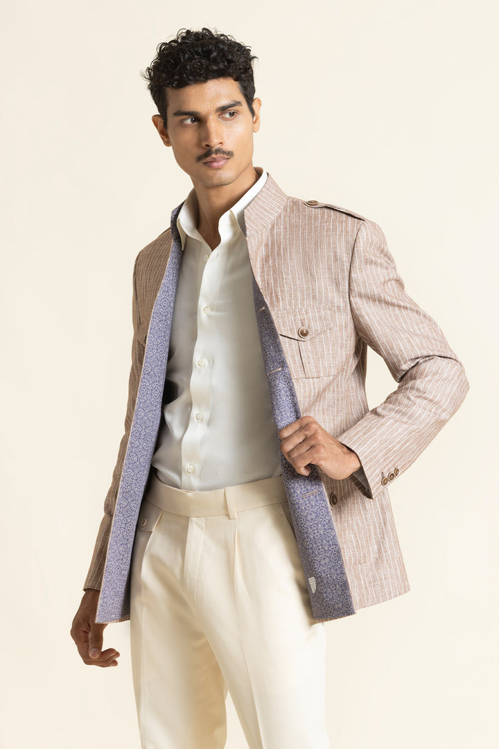 Linen Safari Jacket With A Mandarin Collar