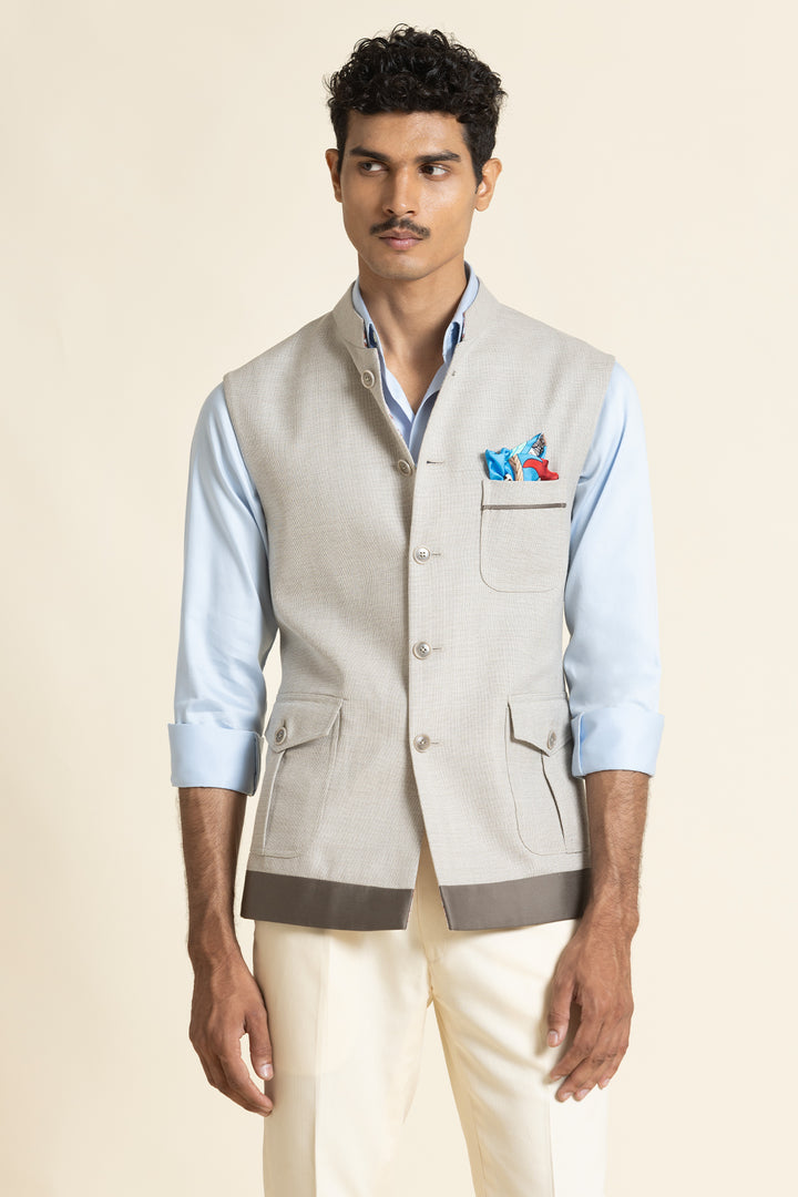 Modern Beige Waistcoat With Utility Pocket Detailing