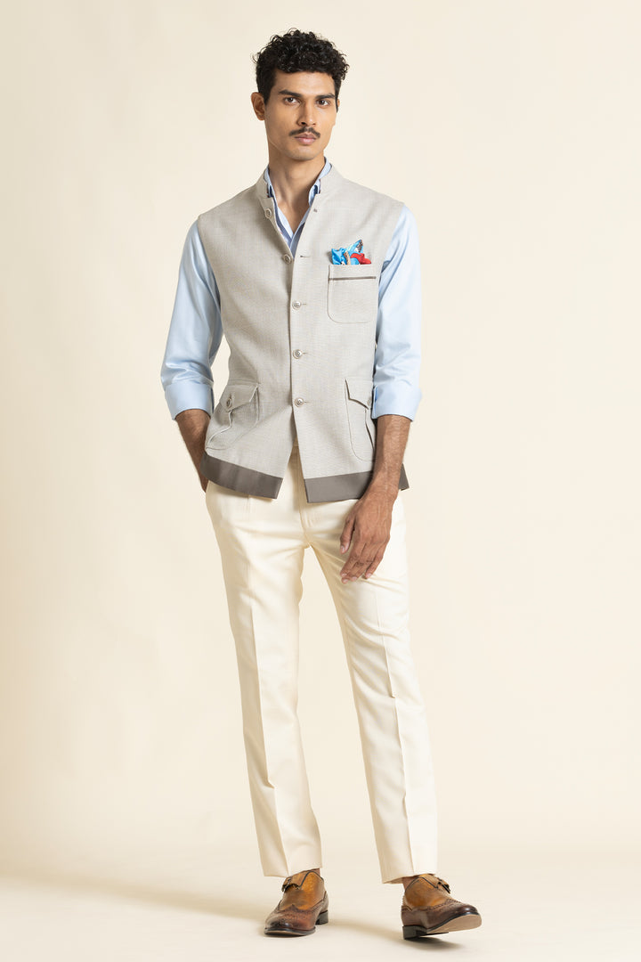 Modern Beige Waistcoat With Utility Pocket Detailing