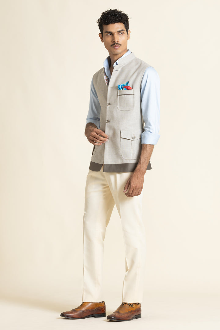 Modern Beige Waistcoat With Utility Pocket Detailing