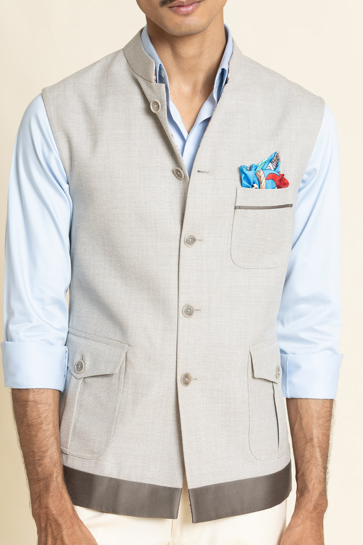 Modern Beige Waistcoat With Utility Pocket Detailing