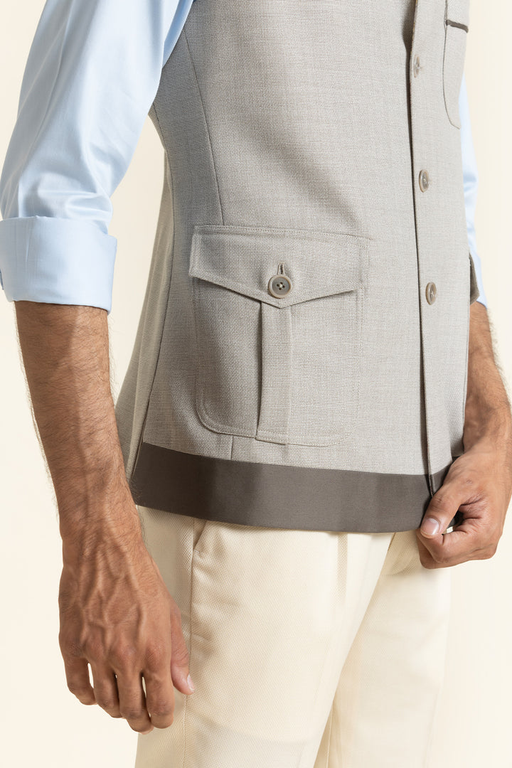 Modern Beige Waistcoat With Utility Pocket Detailing