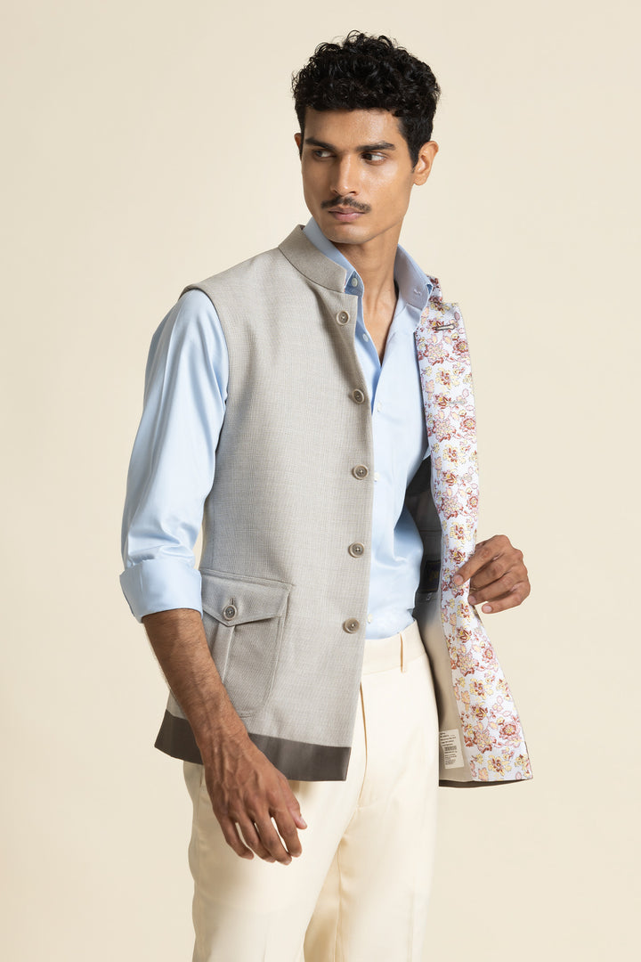 Modern Beige Waistcoat With Utility Pocket Detailing