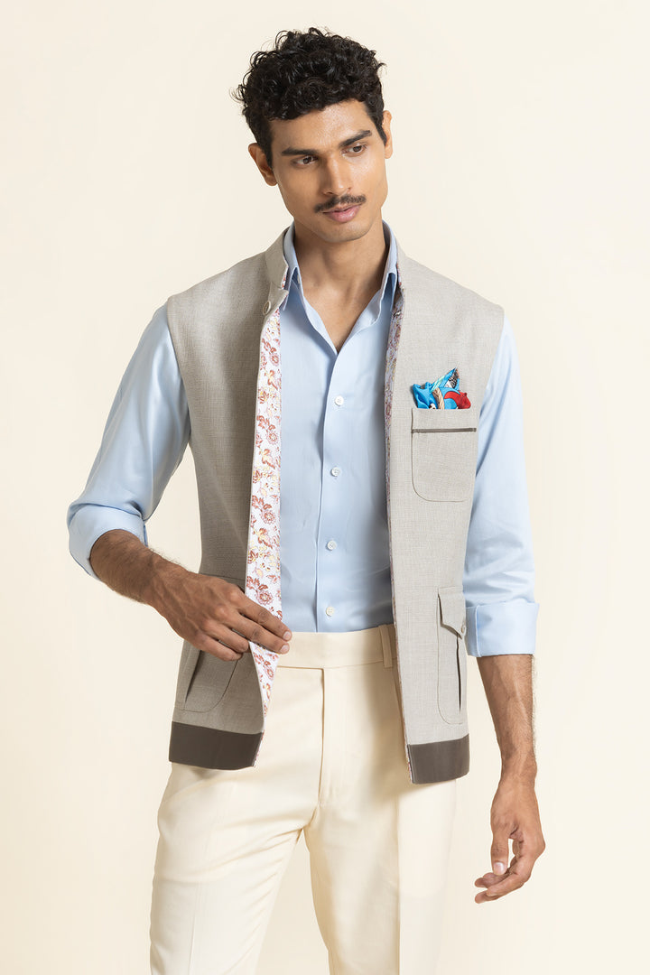 Modern Beige Waistcoat With Utility Pocket Detailing