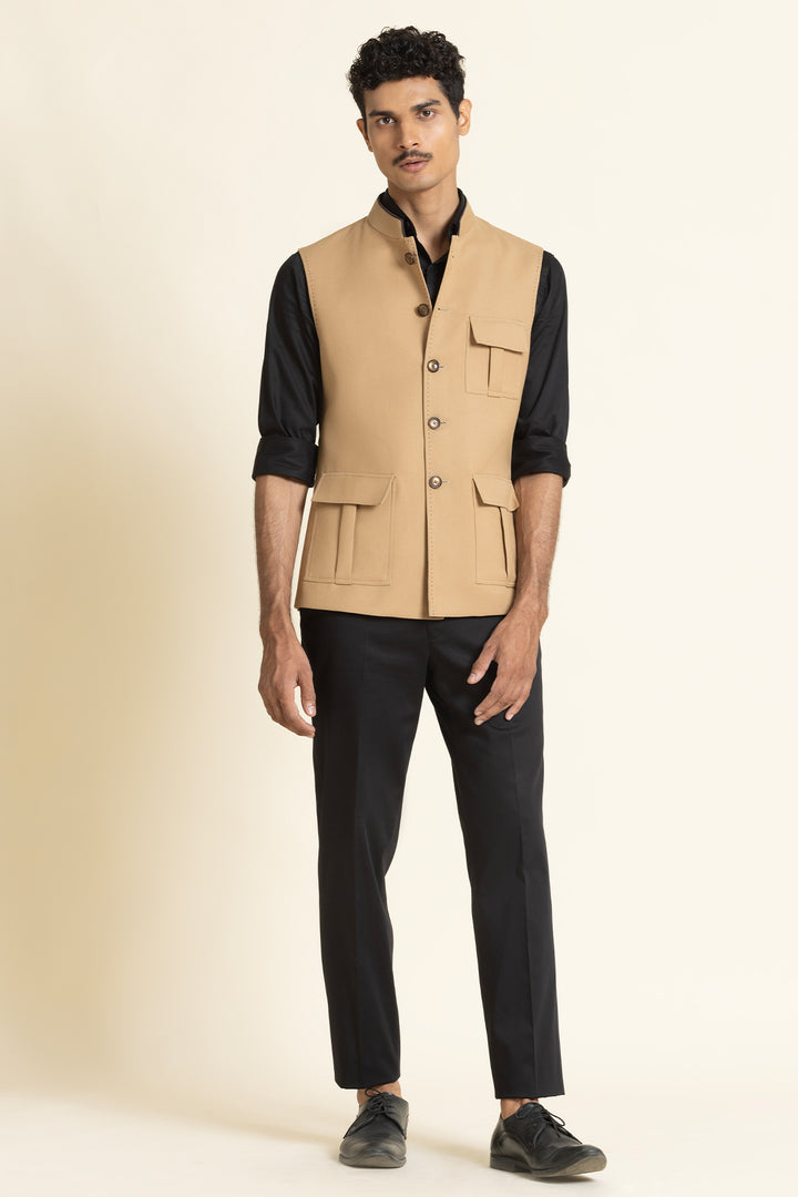 Beige Poly-Linen Utility Waistcoat