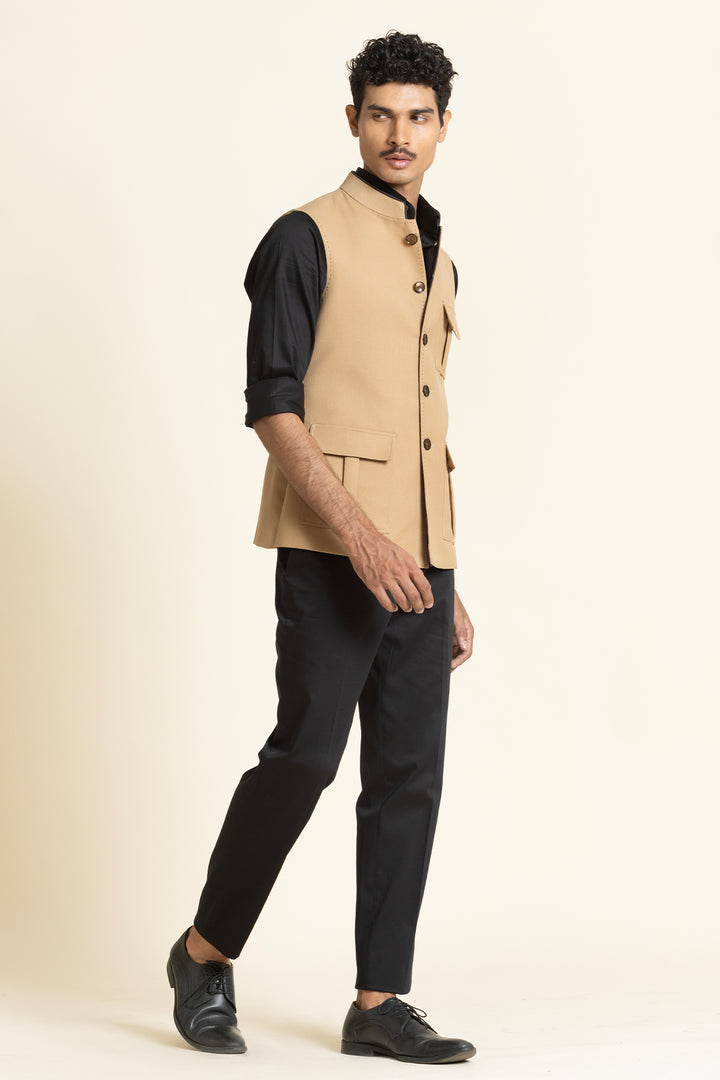 Beige Poly-Linen Utility Waistcoat