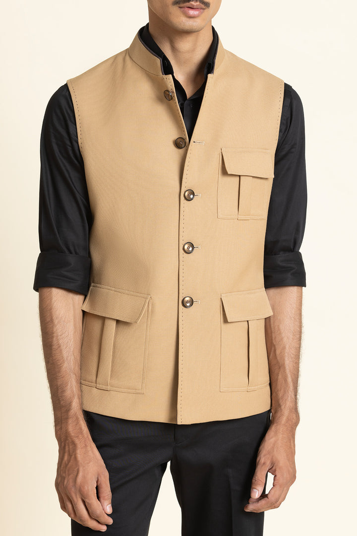 Beige Poly-Linen Utility Waistcoat