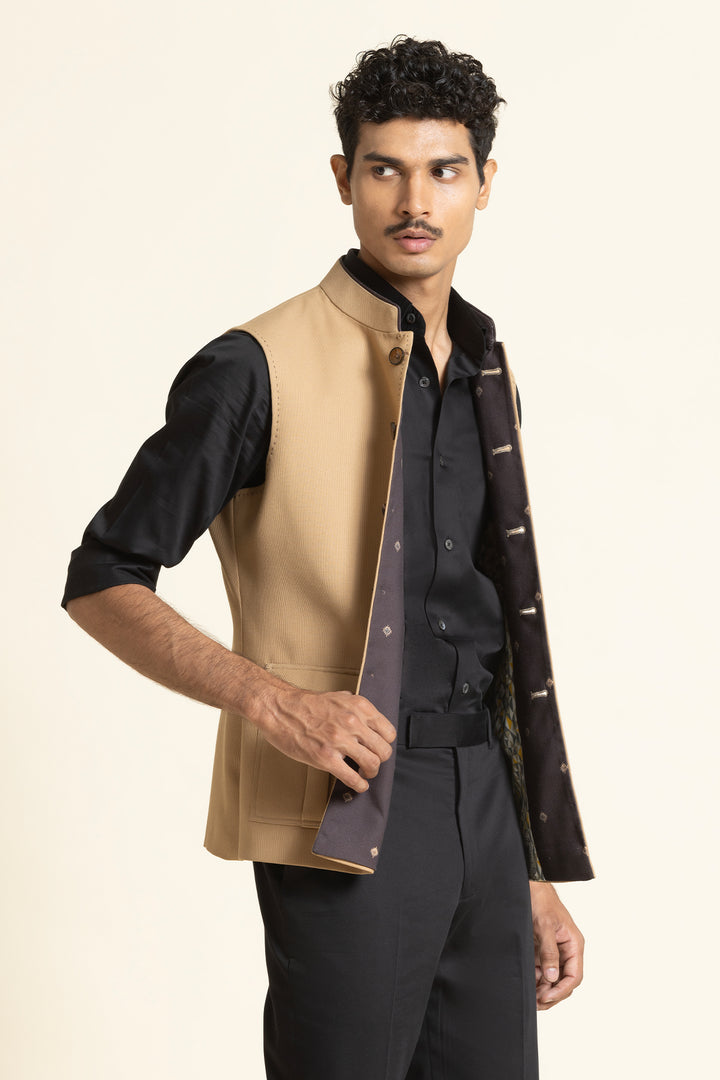 Beige Poly-Linen Utility Waistcoat