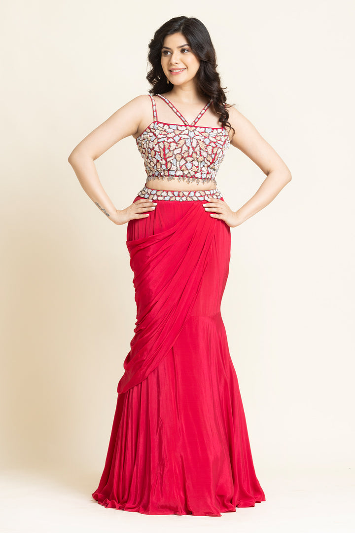 Red Pearls And Sequence Embroidered Lehenga