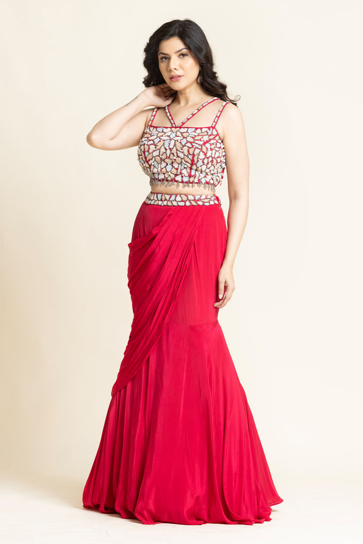 Red Pearls And Sequence Embroidered Lehenga
