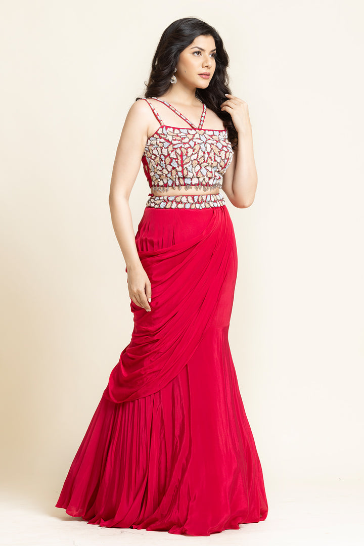 Red Pearls And Sequence Embroidered Lehenga