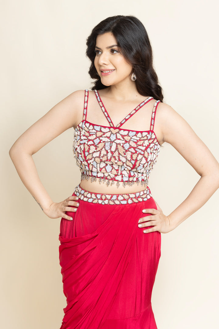 Red Pearls And Sequence Embroidered Lehenga