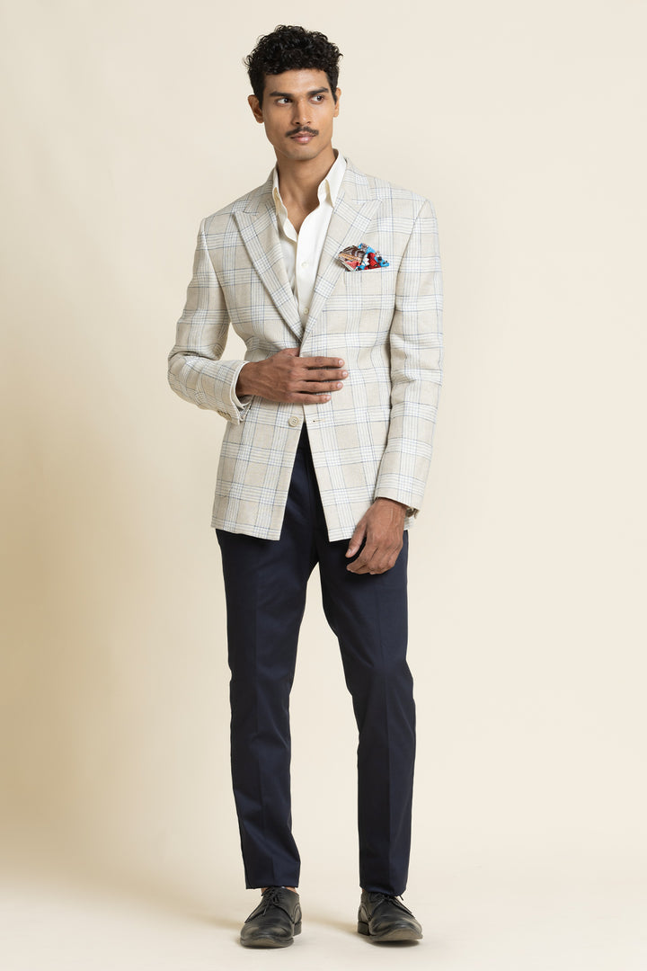 Ivory Check Poly-Linen Blazer