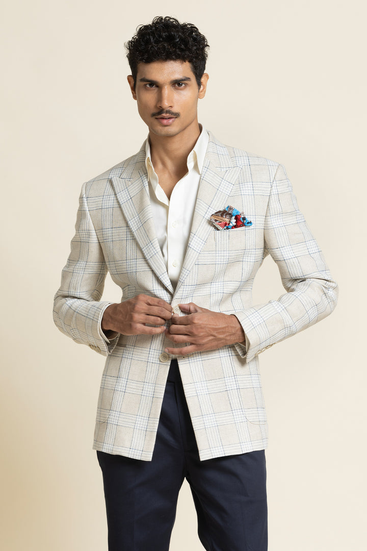 Ivory Check Poly-Linen Blazer