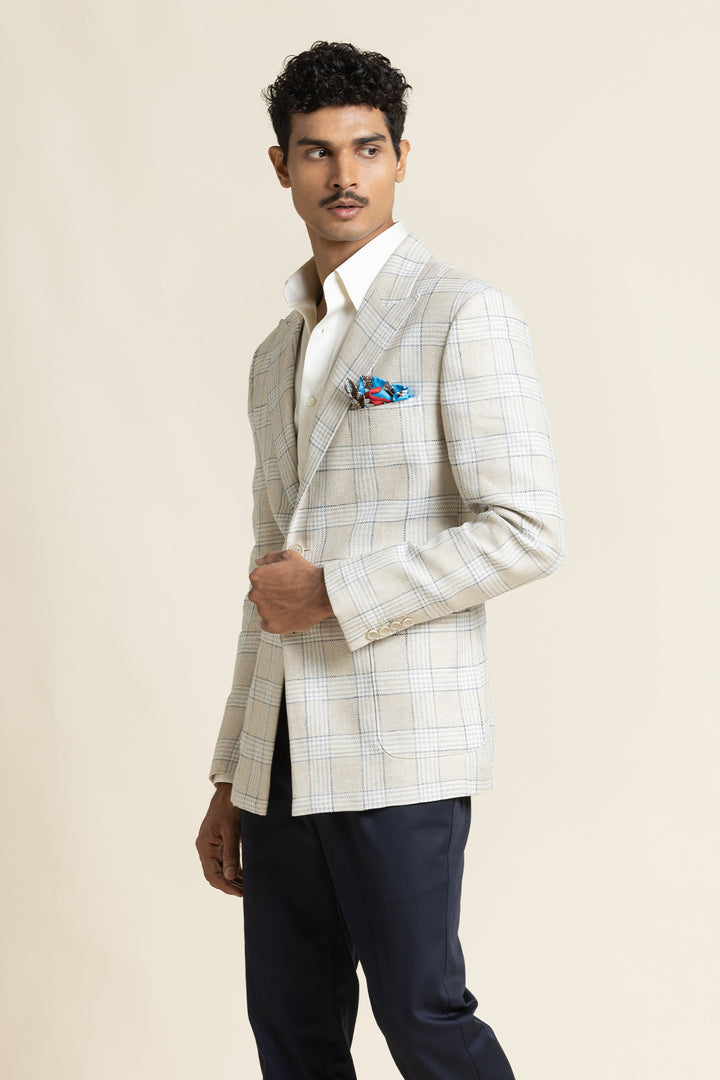 Ivory Check Poly-Linen Blazer