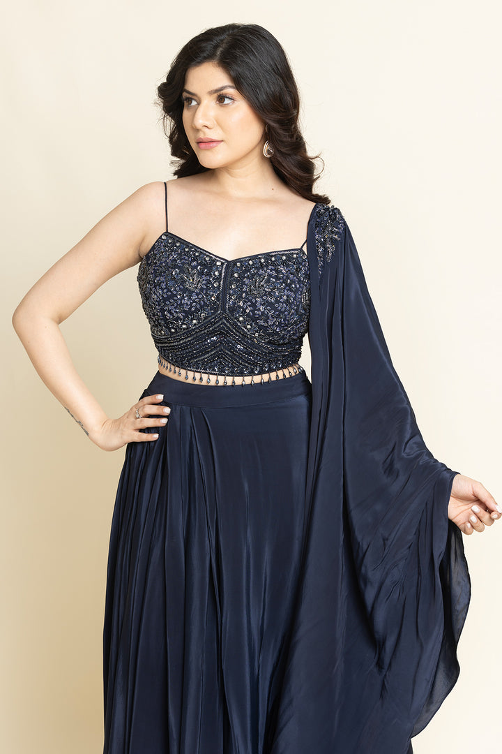 Navy Blue Sequence, Mirror And Cut dana Embroidered Indo-Western